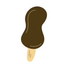 Chocolate Popsicle on Stick. Doodle Ice Cream. Cold summer dessert with dark glaze. Frozen sweet food. Delicious milky sweetness. Isolate on white background. Color childish image. Vector illustration