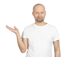 Casual man in white t-shirt making a shrug gesture