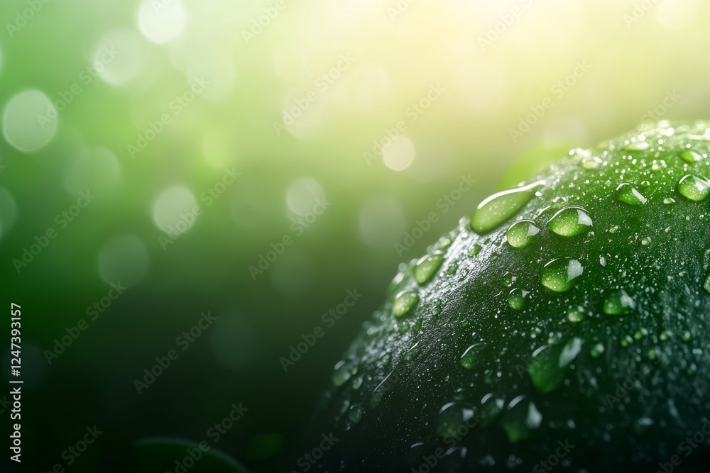 Poster close-up of a fresh avocado slice reveals droplets of water that enhance its smooth texture and vibr