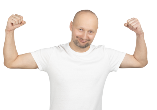 Confident man in white t-shirt flexing his arms - Powered by Adobe