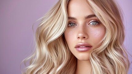 Naklejka premium Blonde woman with voluminous wavy hair, glowing skin, confident expression, soft pastel background, minimalistic beauty portrait, elegant and fashionable style, modern studio photography
