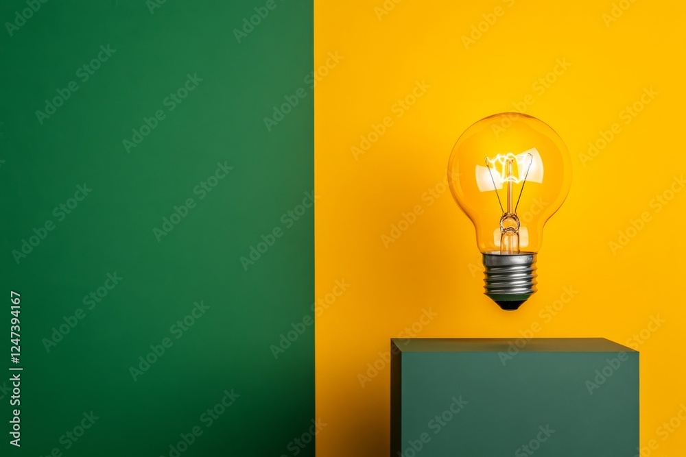 Poster a glowing lightbulb placed on a sleek block against a solid yellow and green background offers ample