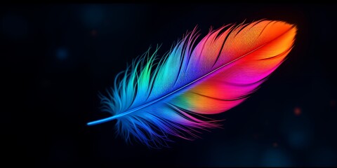Obraz premium Vibrant Colorful Feather With Vivid Hues Against A Dark Background Celebrating Pride Month in Honor of Diversity and Inclusion. Pride Celebration. Vibrant Rainbow Feather Design. Symbolic Feather