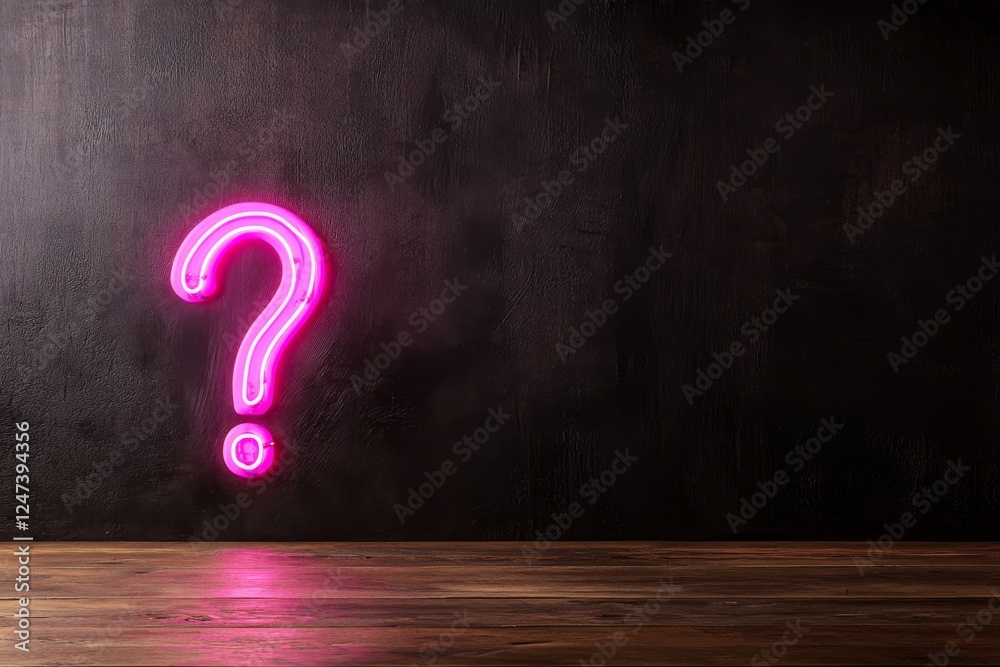 Poster Bright pink neon question mark illuminates a dark background, creating a striking visual. Generous empty space on the right allows for additional text or elements