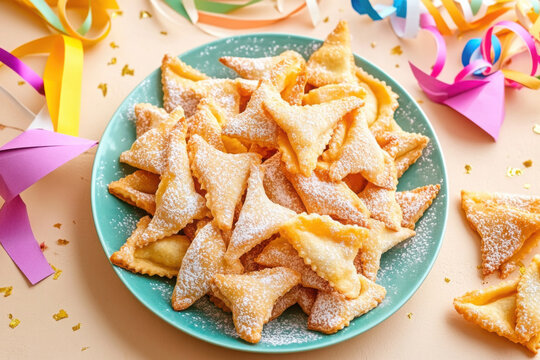 Angel wings or bugnes, bugie, or chvorost; faworki. Traditional carnival sweet crisp pastry deep-fried and sprinkled with powdered sugar. 