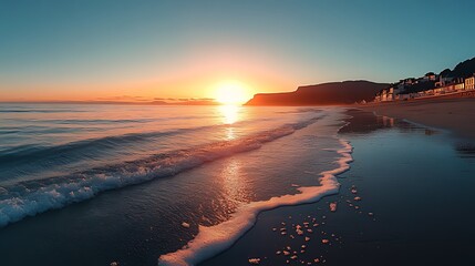 Obraz premium Sunrise beach ocean waves coastal town