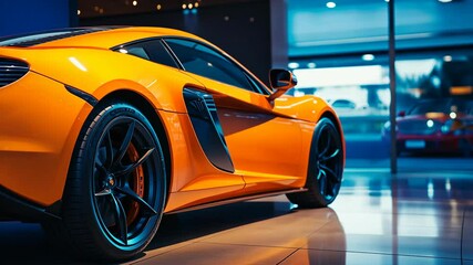  Luxury orange sports car in modern showroom, high-performance vehicle. High quality 4k footage