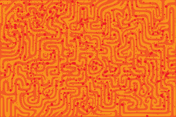 Abstract maze design with vibrant orange background and red accents