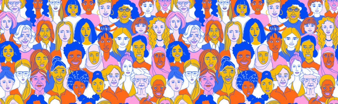 Diverse Women Portraits for International Women's Day Illustration. Empowering Female Community for Equality and Inclusivity Concept. Line Art of Strong, Diverse Women for Feminist Campaigns