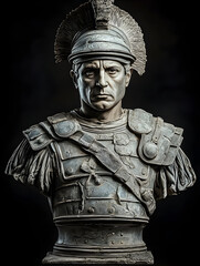 Obraz premium Ancient Roman Warrior Bust Sculpture: A Tribute to Strength, Masculinity, and Craftsmanship in Historical Art, Featuring Realistic Armor, Helmet, and Heroic Pose with Dramatic Lighting and Timeless