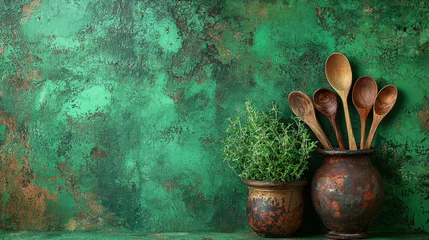 Rustic kitchen still life: wooden spoons and herb in pots against textured green background. © watz