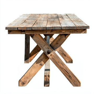 Rustic wooden table with plank top and sturdy cross-beam legs, isolated against a white background.