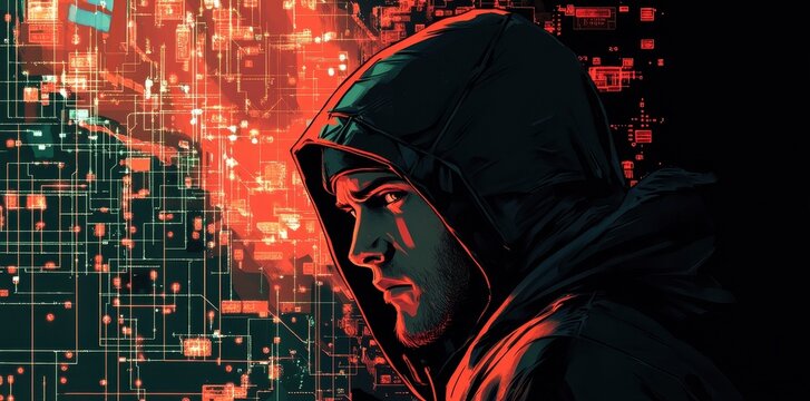 Hacker in a hoodie surrounded by digital network imagery