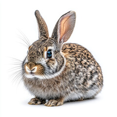 Obraz premium A cute, fluffy wild rabbit with brown fur and long whiskers sits against a bright white background.