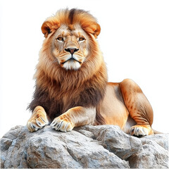 Fototapeta premium Majestic male lion rests regally atop a rocky outcropping, its golden mane framing a watchful face.