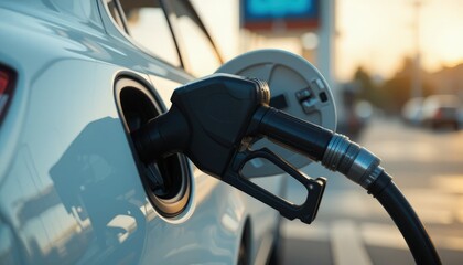 White car refueling at a gas station during daylight with a fuel pump inserted into the tank. The scene is bright and clear.