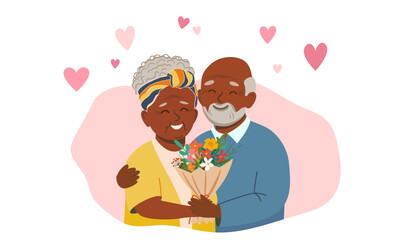 Happy African American elderly couple, grandparents, bouquet of flowers, hearts. International Day of Older Persons concept. grandparents together. Vector illustration in cute flat style