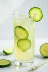 Iced rassol with lightly salted cucumbers, minimalist white backdrop , minimal, diet