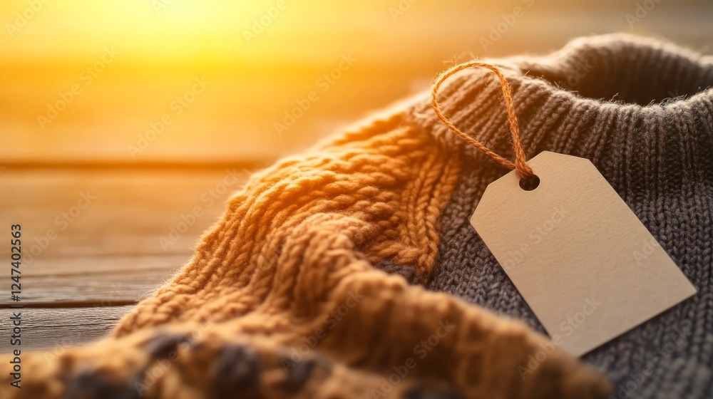 Poster a neatly folded sweater lies on a soft surface bathed in warm light, evoking a cozy and inviting fee