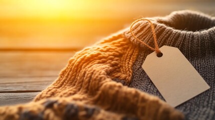 A neatly folded sweater lies on a soft surface bathed in warm light, evoking a cozy and inviting feeling, with a blank tag ready for customization