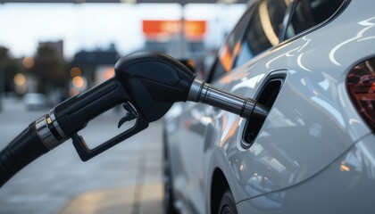 White car refueling at a gas station during daylight with a fuel pump inserted into the tank. The scene is bright and clear.