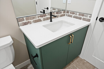 A bathroom sink with a green cabinet and a white sink