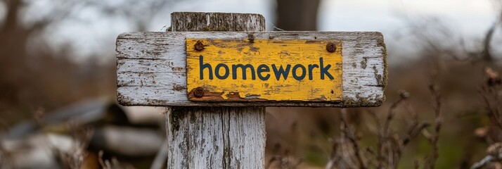 Aged Wooden Signpost with Weathered Yellow Plaque Displaying the Word "Homework" in Rustic Outdoor Setting Amidst Natural Background