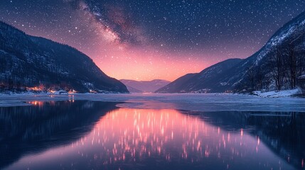Serene winter landscape with a starry sky and reflective lake.