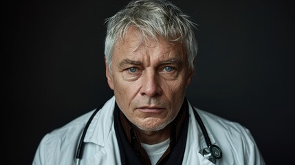 The main subject of the image is an older man with gray hair and intense blue eyes, wearing a white lab coat and a stethoscope against a dark background
