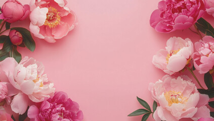 Floral Frame for International Women's Day and Mother's Day with Romantic Pink Peonies and Roses on Magenta Background 