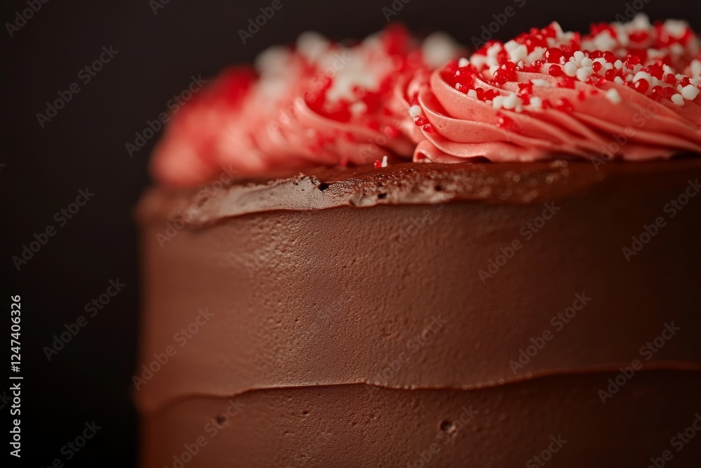 Aufkleber Close-up view of a rich chocolate cake with delightful red and white toppings, highlighting its tempting layers and smooth textures against a dark background