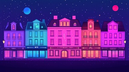 Cartoon-style cityscape at night with neon lights illuminating streets, buildings, and shops, featuring a hotel balcony with a lively urban atmosphere, vector illustration