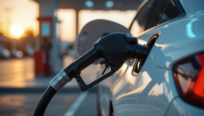 White car refueling at a gas station during daylight with a fuel pump inserted into the tank. The scene is bright and clear.