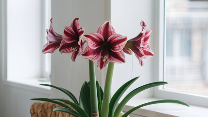 Obraz premium Amaryllis blooms in a brightly lit space.