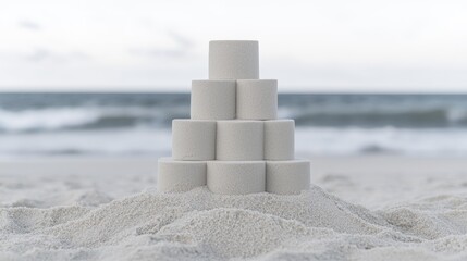 Toilet paper castle on beach, ocean background; pandemic humor
