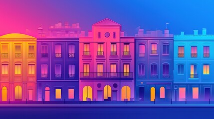 Cartoon-style cityscape at night with neon lights illuminating streets, buildings, and shops, featuring a hotel balcony with a lively urban atmosphere, vector illustration