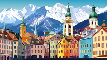 Naklejka premium illustration, Cityscape of Innsbruck in Austria , touristic advertisement poster. Innbruck in Tirol, Austria, the capital city of Tirol.typical buildings and church with beautiful alps, mountains