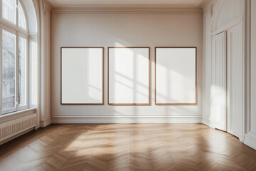 Empty wooden picture frame mockup hanging on white wall background in a spacious empty room with sunlight. Working space, home office lounge. Gallery 