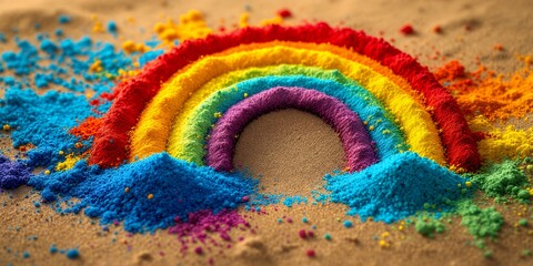 Vibrant Spectrum Created Using Colorful Sand On A Gold Surface Celebrating Diversity And Pride Month Awareness Celebration Of All Forms of Life And Expression. A Festive, Playful and Artistic Tribute