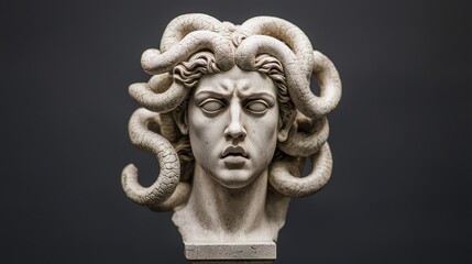 Classical Medusa sculpture head, intricately carved in stone, featuring lifelike details and flowing serpentine hair, blending ancient Greek mythology with modern artistic interpretation