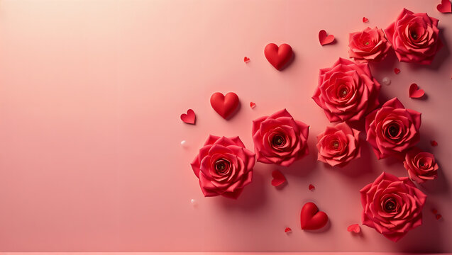 Fondo rojo rosado de corazones y rosas para el D&iacute;a de San Valent&iacute;n, el D&iacute;a del amor y la Amistad