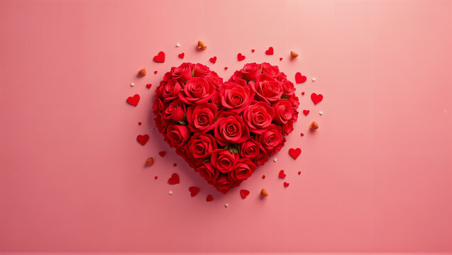 Fondo rojo rosado de corazones y rosas para el D&iacute;a de San Valent&iacute;n, el D&iacute;a del amor y la Amistad