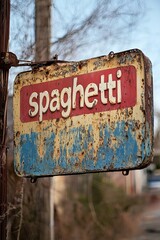 Aged and Weathered Vintage Spaghetti Sign in an Outdoor Setting Displaying Nostalgic Charm and Timeless Appeal Amid Nature's Backdrop with Rusted Accents and Retro Typography