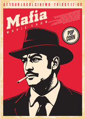 Mafia movies retro cinema poster design. Vintage vector illustration with mafia member graphic. Entertainment and film industry flyer.