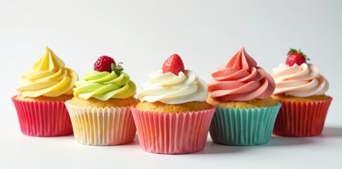 Vibrant cupcakes, assorted flavors, white backdrop, colorful background, treat