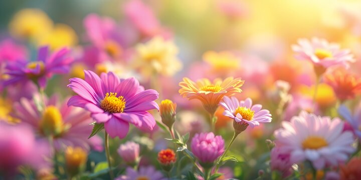 A Beautiful Flower Meadow In Full Bloom Under Soft Sunlight Celebrating Joy And Diversity Of Nature's Colors And Flora. Celebrates Beauty of Flowers And Landscape In Sunny Day. A Wonderful Scenary In