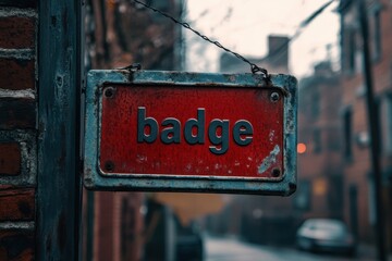 Close-Up View of Iconic Weathered Metal Sign Featuring the Word Badge Hanging Against Urban Brick Wall on a Gloomy Afternoon Street Scene