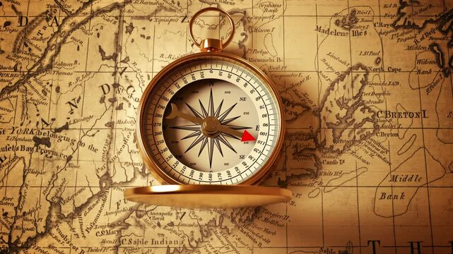 Golden compass on the map indicating direction. 3D animation. 4K.