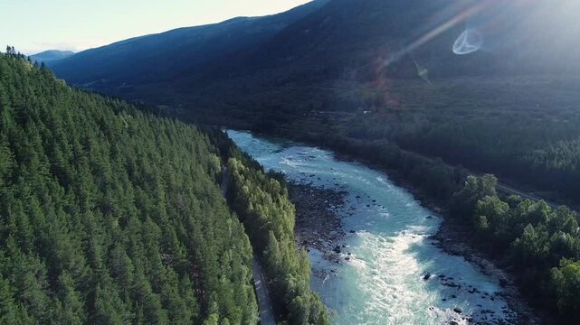 Aerial Drone view Of scenic beauty of Sjoa River  mountain valey in Norway