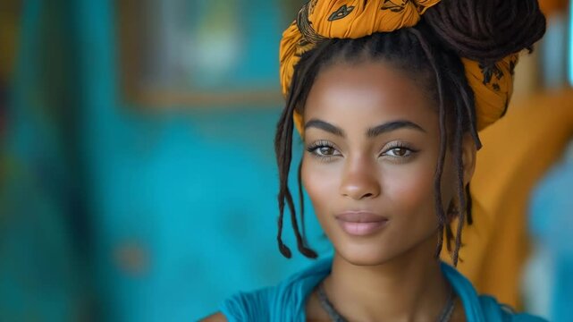 Joyful Portrait of a Woman with Colorful Headwrap and Dreadlocks